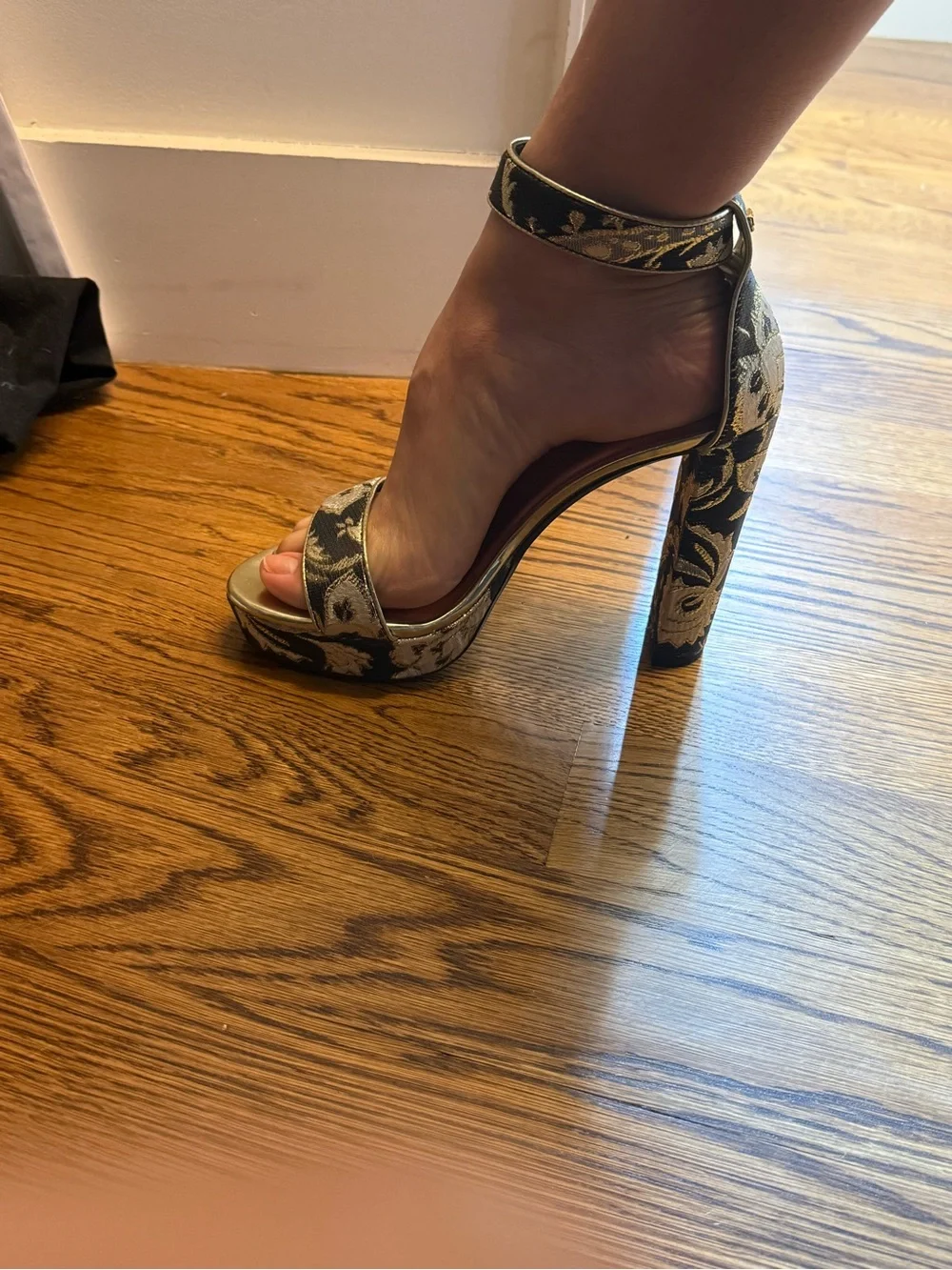 Ted Baker London Gold and Black Floral Platform Block-Heel Sandals